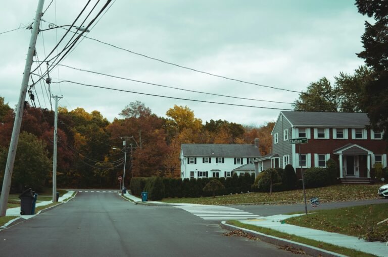 Residential street lined with houses and autumn trees in an American suburb